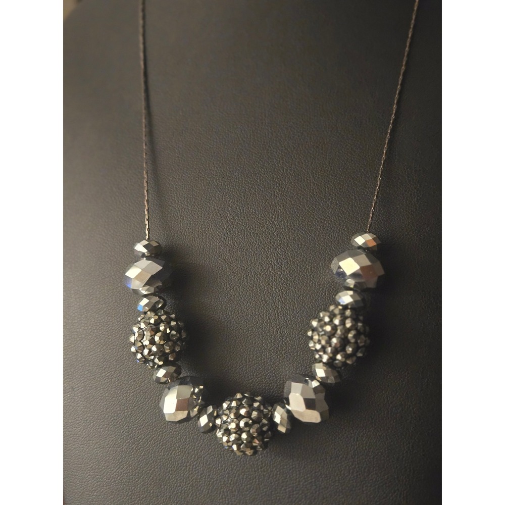 Black Silver Rhinestone Beaded Necklace Gunmetal Vintage
